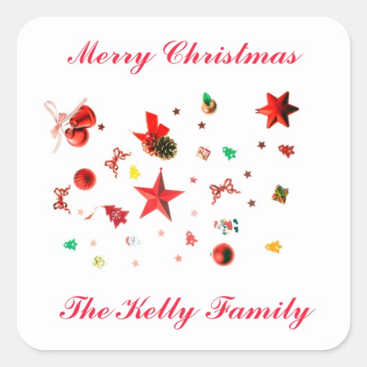 Frohe Weihnachts Rot gemischte Ornamente mit Text Quadratischer Aufkleber (Vorderseite)