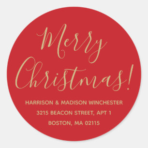 Frohe Weihnachts-Rot-Gold-Drehbuch-Rücksendeadress Runder Aufkleber