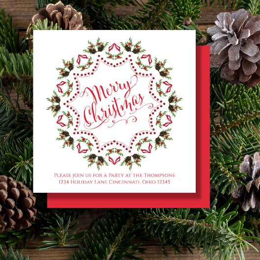 Frohe Weihnachts Rot Grün Pinecone Muster Party Einladung