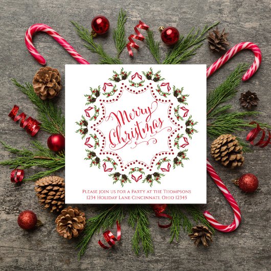 Frohe Weihnachts Rot Grün Pinecone Party QR Code Einladung