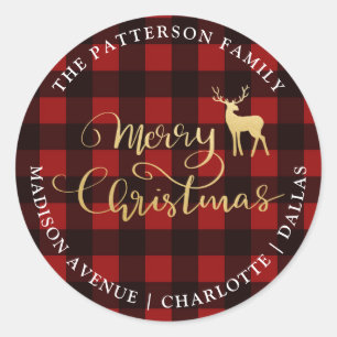 Frohe Weihnachts Rot Kariert   Gold Antler Stag Runder Aufkleber