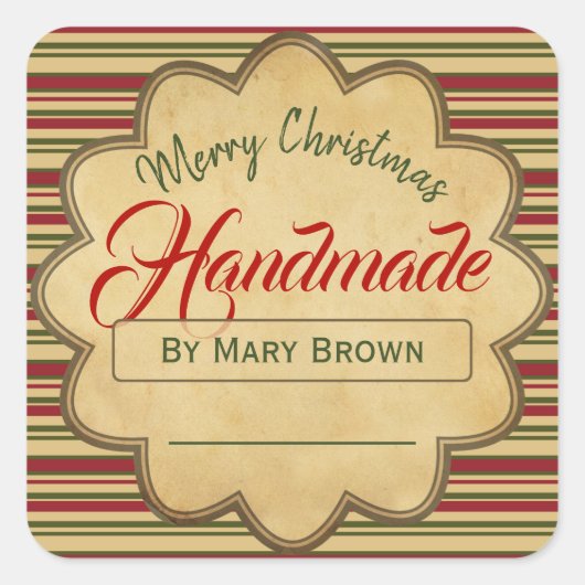 Frohe Weihnachts Rot Streifen Handmade Vintag Quadratischer Aufkleber (Vorderseite)