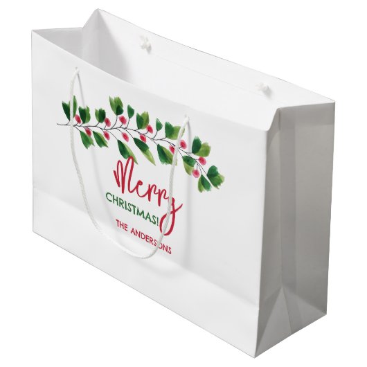 Frohe Weihnachts-Rot-und grüne Wasserfarbenzweig Große Geschenktüte (Vorderseite Schrägansicht)