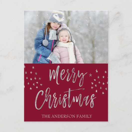 Frohe Weihnachts Rot und Silver Watercolor Foto Feiertagspostkarte (Vorderseite)