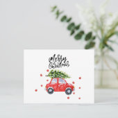 Frohe Weihnachts-rote Auto mit Weihnachtsbaumkarte Postkarte (Stehend Vorderseite)