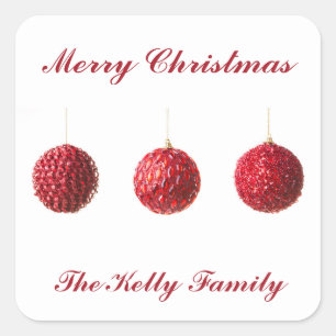 Frohe Weihnachts Rote Balls Dekoration mit Text Quadratischer Aufkleber