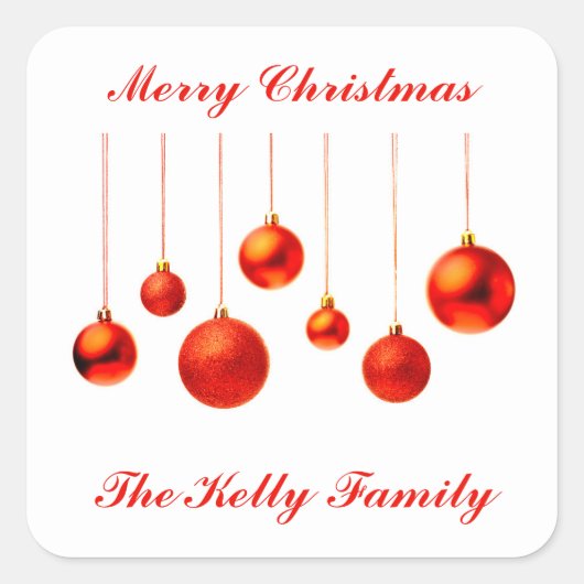 Frohe Weihnachts Rote Balls Dekoration mit Text Quadratischer Aufkleber (Vorderseite)