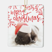 Frohe Weihnachts Rote Branchen Custom Pet Foto Keramikornament (Links)