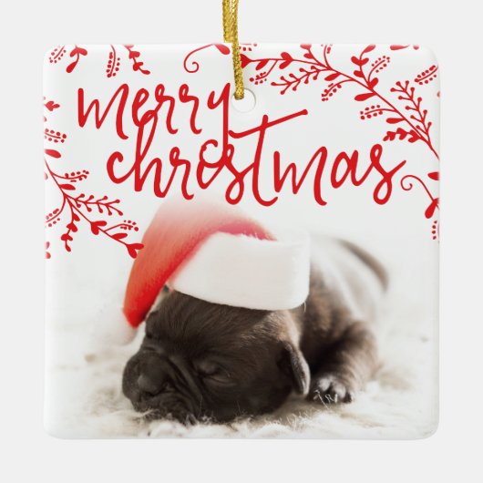 Frohe Weihnachts Rote Branchen Custom Pet Foto Keramikornament (Vorderseite)