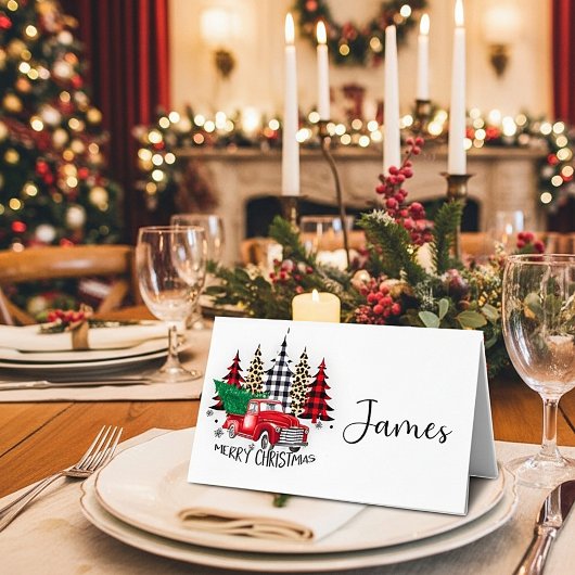 Frohe Weihnachts rote LKW und Bäume Platzkarte