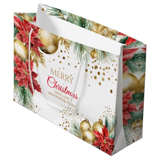 Frohe Weihnachts-Rote Poinsettia Goldbaubles Große Geschenktüte (Vorderseite Schrägansicht)