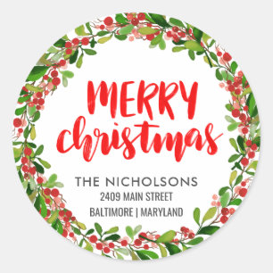Frohe Weihnachts-Rote Script-Holiday-Rücksendeadre Runder Aufkleber