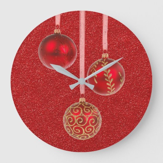 Frohe Weihnachts Roter Glitzer Baubles Elegant Große Wanduhr (Vorderseite)