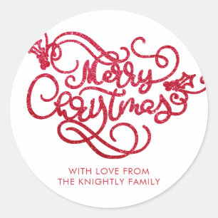 Frohe Weihnachts Roter Glitzer Script Typografie Runder Aufkleber