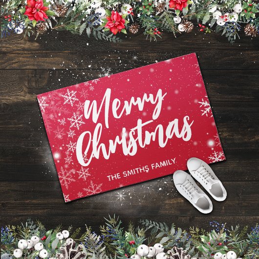 Frohe Weihnachts Roter Hintergrund mit Schneeflock Fußmatte