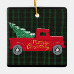 Frohe Weihnachts Roter LKW mit Baum Keramik Ornam Keramikornament