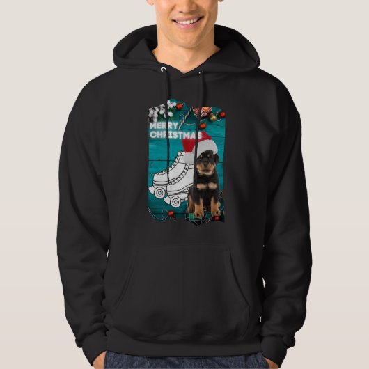 Frohe Weihnachts-Rottweiler-Welpe mit Roller-Skate Hoodie (Vorderseite)
