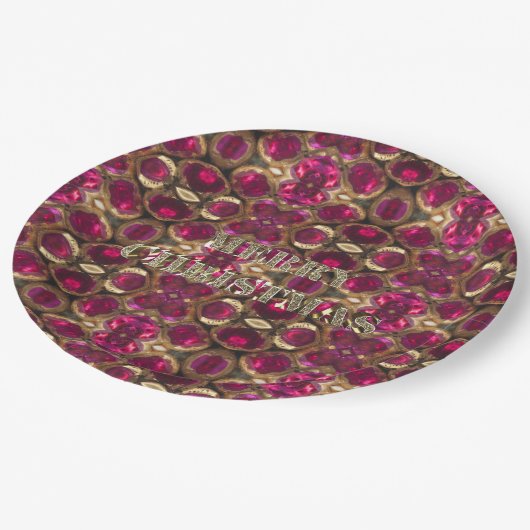 Frohe Weihnachts Ruby Gold Gemstone Muster Chic Pappteller (Schrägansicht)