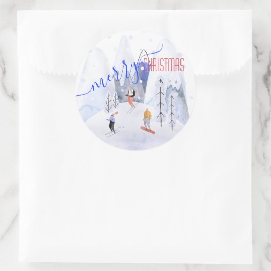 Frohe Weihnachts-Schneebergskiläufer Runder Aufkleber (Tasche)
