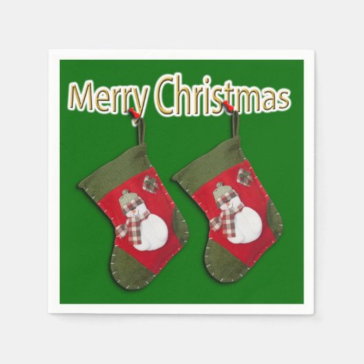 Frohe Weihnachts-Schneemann auf Strumpf über Grün Serviette (Vorderseite)
