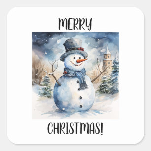 Frohe Weihnachts-Schneemann in der Schneewasserfar Quadratischer Aufkleber