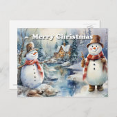 Frohe Weihnachts-Schneemann Log Cabin River Ankündigungspostkarte (Vorne/Hinten)