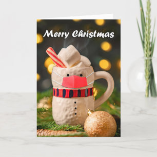 Frohe Weihnachts-Schneemann-Tasse in Covid Face Ma Feiertagskarte