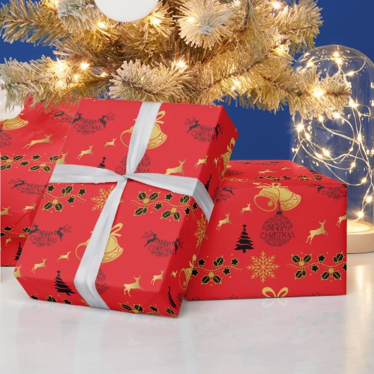 Frohe Weihnachts Schwarz, Gold mit Rentier, Bell R Geschenkpapier (Feiertage)