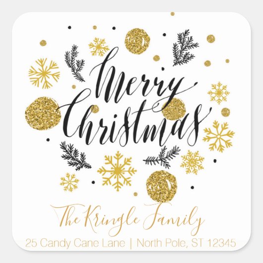 Frohe Weihnachts-Schwarz-Gold-Rücksendeadresse Quadratischer Aufkleber (Vorderseite)