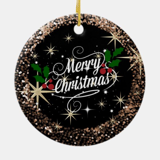 Frohe Weihnachts-Schwarz und Gold Funkelnd Glitzer Keramik Ornament (Hinten)
