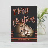 Frohe Weihnachts Schwarz und Rotes Gold Foto Postk Einladung (Stehend Vorderseite)