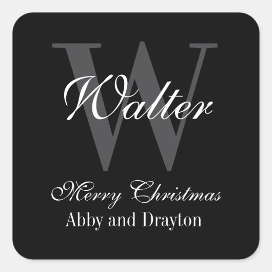 Frohe Weihnachts Schwarz und Weiß Custom Monogram Quadratischer Aufkleber (Vorderseite)