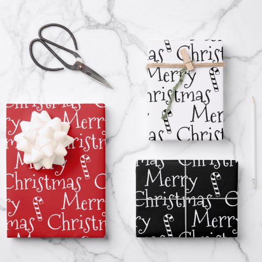 Frohe Weihnachts Schwarz-weiße Bonbons niedlich Geschenkpapier Set (Vorderseite)