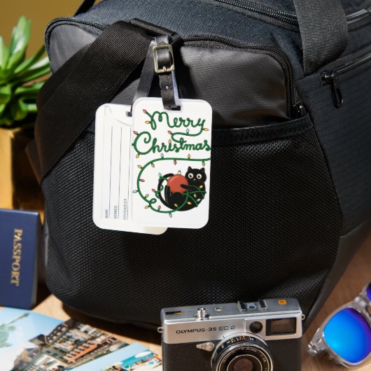 Frohe Weihnachts Schwarze Katze mit Ornament und L Gepäckanhänger (Vorderseite & Rückseite)