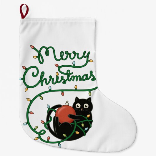 Frohe Weihnachts Schwarze Katze mit Ornament und L Großer Weihnachtsstrumpf (Vorderseite)