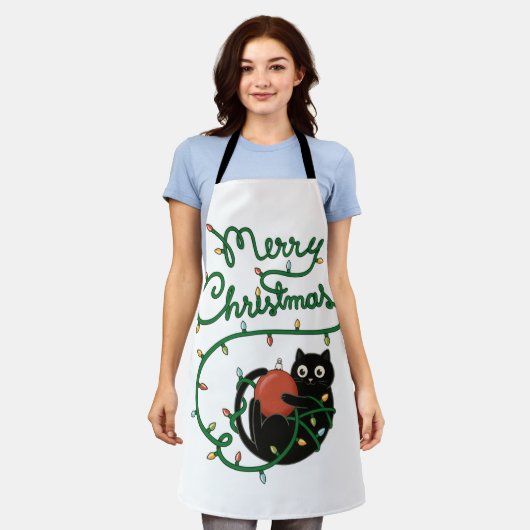 Frohe Weihnachts Schwarze Katze mit Ornament und L Schürze (Getragen)