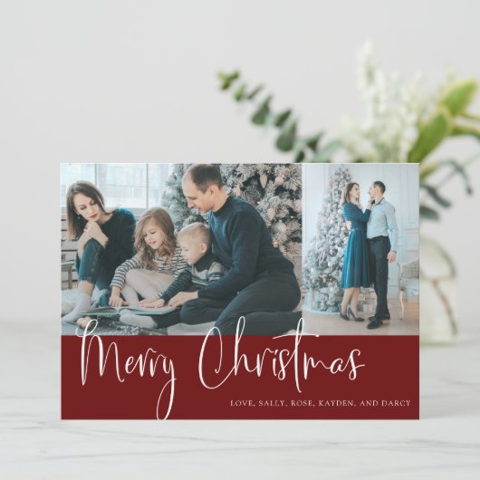 Frohe Weihnachts-Script 2 Foto Collage Holiday Red (Stehend Vorderseite)
