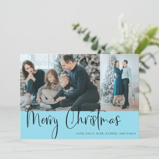 Frohe Weihnachts Script 2 Foto Holiday Blue (Stehend Vorderseite)