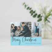 Frohe Weihnachts Script 2 Foto Holiday Blue Postkarte (Stehend Vorderseite)