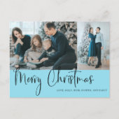 Frohe Weihnachts Script 2 Foto Holiday Blue Postkarte (Vorderseite)