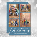 Frohe Weihnachts-Script 4 Foto Blue Feiertagskarte<br><div class="desc">Laden Sie Ihre Lieblings-4-Fotos auf diese Weihnachtsfotokarte hoch,  die Frohe Weihnachten und Ihre Namen in schick weißer Schrift auf blauem Hintergrund zeigt. Wählen Sie Matte für schwerstes Papier und High Definition für beste Foto-Qualität. MEHR FARBEN für Sie in unserem Geschäft.</div>