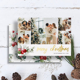 Frohe Weihnachts Script Berry Blätter Foto Collage Folien Feiertagskarte