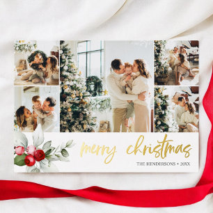 Frohe Weihnachts Script Berry Blätter Foto Collage Folien Feiertagskarte