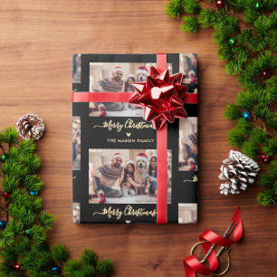 Frohe Weihnachts Script Black Gold Foto Collage Geschenkpapier