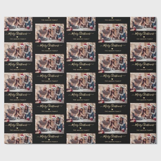 Frohe Weihnachts Script Black Gold Foto Collage Geschenkpapier (Flach)