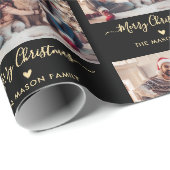 Frohe Weihnachts Script Black Gold Foto Collage Geschenkpapier (Rolleneckpunkt)
