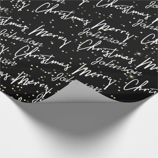 Frohe Weihnachts-Script Black Name Gold Confetti Geschenkpapier (Ecke)