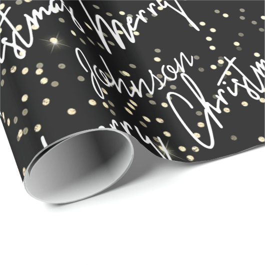 Frohe Weihnachts-Script Black Name Gold Confetti Geschenkpapier (Rolleneckpunkt)