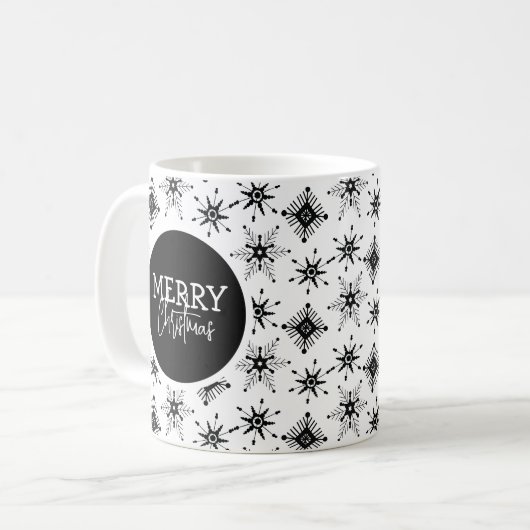 Frohe Weihnachts-Script Black Snowflakes Kaffeetasse (Vorderseite Links)