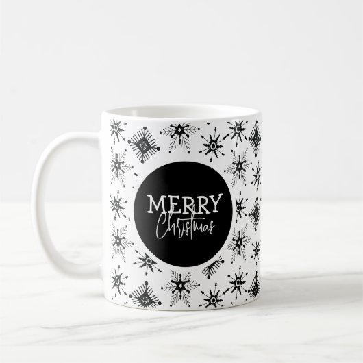 Frohe Weihnachts-Script Black Snowflakes Kaffeetasse (Links)